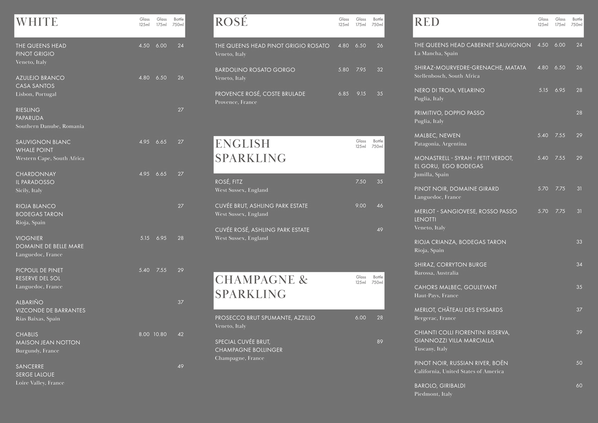 Wine List The Queens Head, Sheet Hampshire Pubs Petersfield Grill & Pizza Restaurant Petersfield Takeaway Pizzas Cask Ales Excellent Food